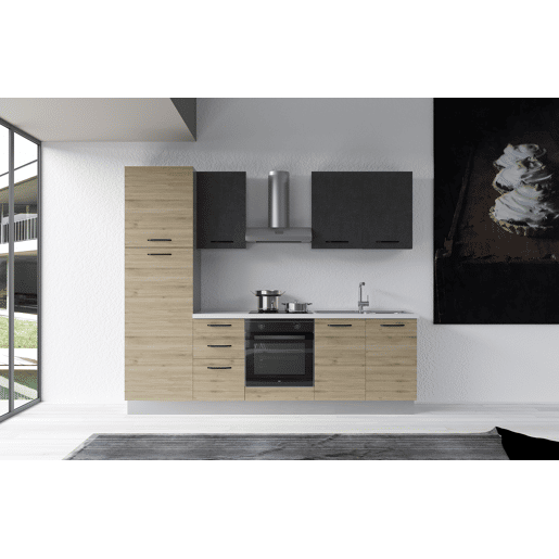 Cozinha com eletrodomésticos GILDA 2.0 255cm direita cinza escuro e madeira