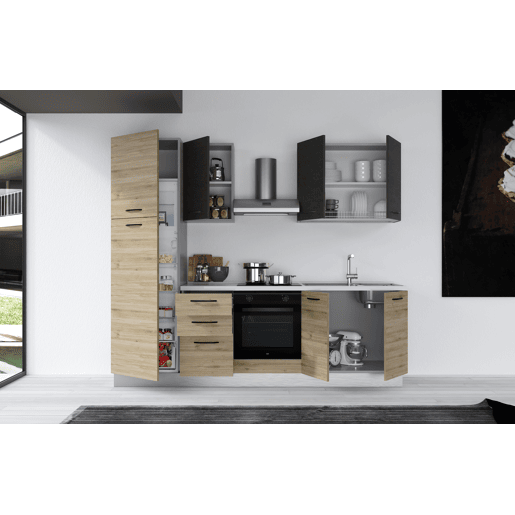 Cozinha com eletrodomésticos GILDA 2.0 255cm direita cinza escuro e madeira