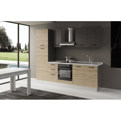 Cozinha com eletrodomésticos GILDA 2.0 255cm direita cinza escuro e madeira
