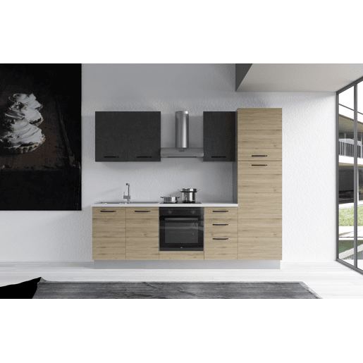 Cozinha com eletrodomésticos GILDA 2.0 255cm esquerda cinza escuro e madeira