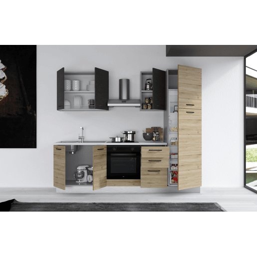 Cozinha com eletrodomésticos GILDA 2.0 255cm esquerda cinza escuro e madeira