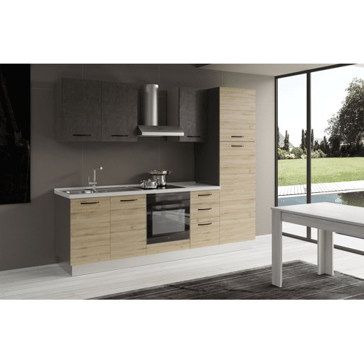 Cozinha com eletrodomésticos GILDA 2.0 255cm esquerda cinza escuro e madeira
