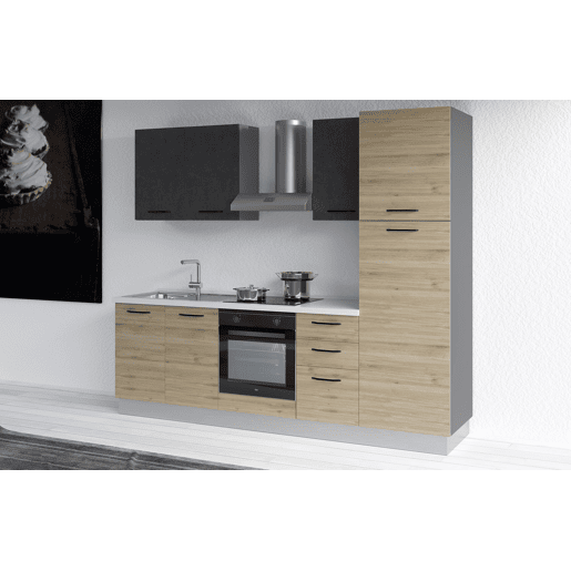 Cozinha com eletrodomésticos GILDA 2.0 255cm esquerda cinza escuro e madeira