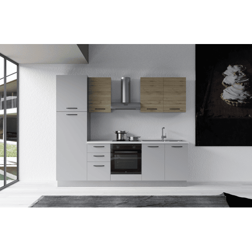 Cozinha com eletrodomésticos GILDA 2.0 255cm direita madeira e cinza claro