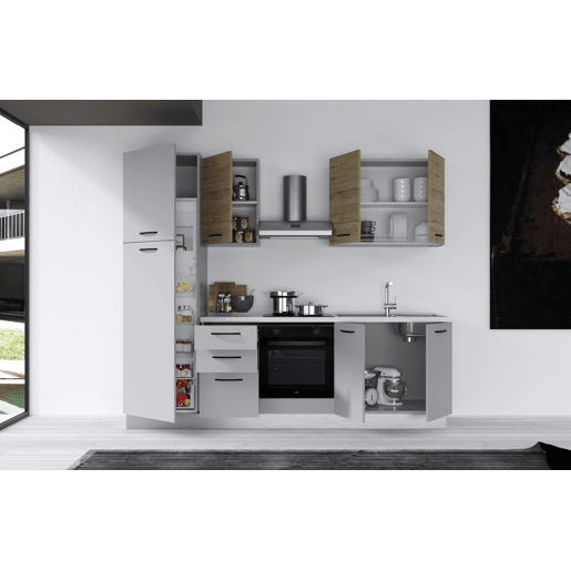 Cozinha com eletrodomésticos GILDA 2.0 255cm direita madeira e cinza claro