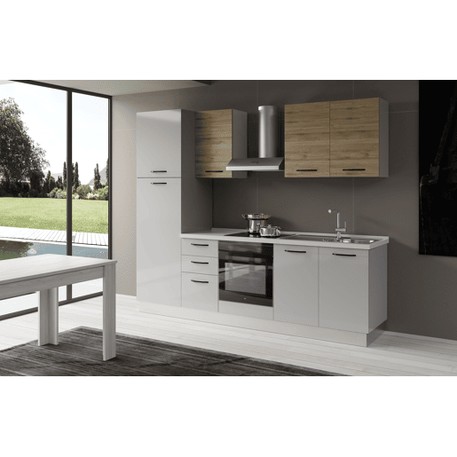 Cozinha com eletrodomésticos GILDA 2.0 255cm direita madeira e cinza claro