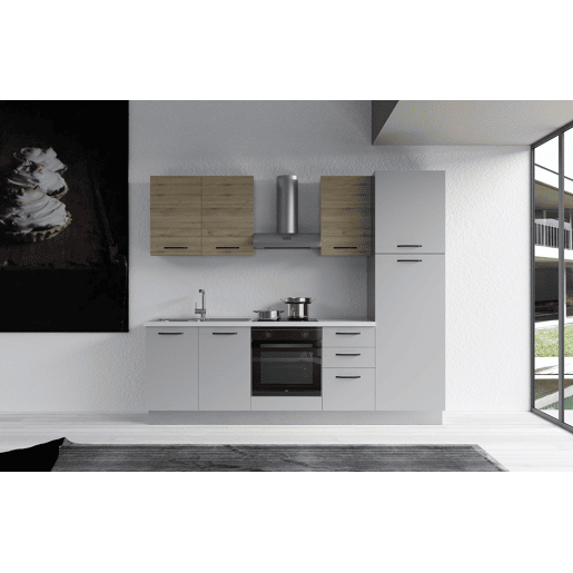 Cozinha com eletrodomésticos GILDA 2.0 255cm esquerda madeira e cinza claro