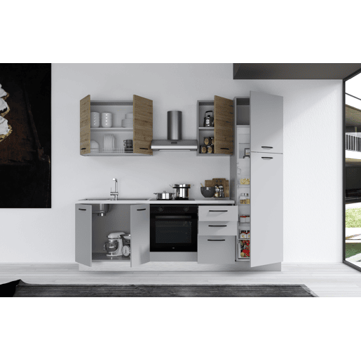 Cozinha com eletrodomésticos GILDA 2.0 255cm esquerda madeira e cinza claro