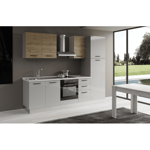 Cozinha com eletrodomésticos GILDA 2.0 255cm esquerda madeira e cinza claro