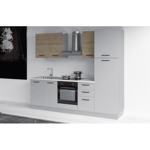 Cozinha com eletrodomésticos GILDA 2.0 255cm esquerda madeira e cinza claro