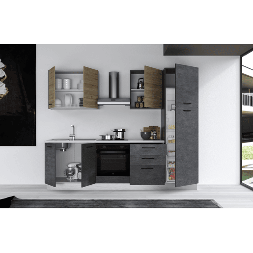 Cozinha com eletrodomésticos GILDA 2.0 270cm esquerda madeira e cinza escuro Cozinha com eletrodomésticos GILDA 2.0 270cm esquerda madeira e cinza escuro