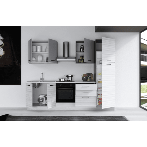 Cozinha com eletrodomésticos GILDA 2.0 270cm esquerda cinza claro e madeira cinza