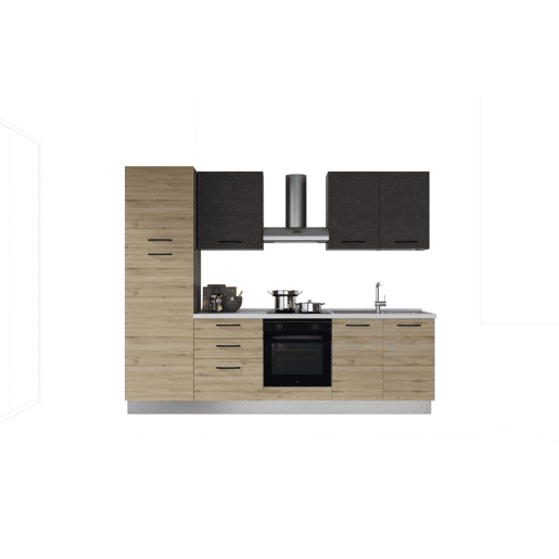 Cozinha com eletrodomésticos GILDA 2.0 270cm direita cinza escuro e madeira