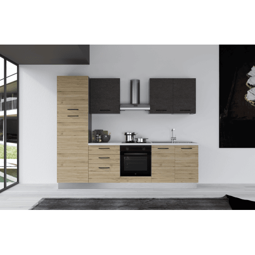 Cozinha com eletrodomésticos GILDA 2.0 270cm direita cinza escuro e madeira