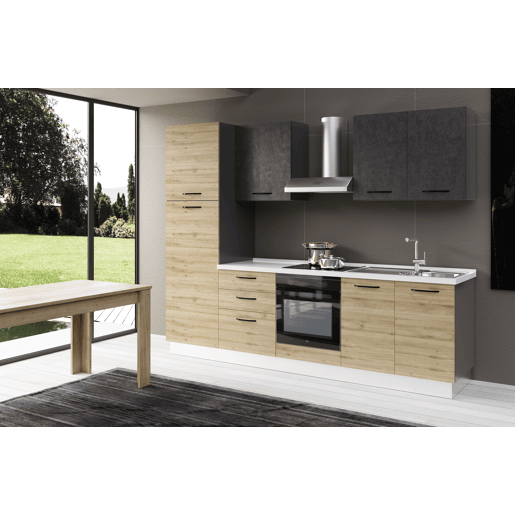 Cozinha com eletrodomésticos GILDA 2.0 270cm direita cinza escuro e madeira