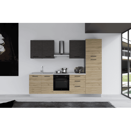 Cozinha com eletrodomésticos GILDA 2.0 270cm esquerda cinza escuro e madeira