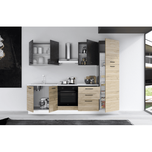 Cozinha com eletrodomésticos GILDA 2.0 270cm esquerda cinza escuro e madeira