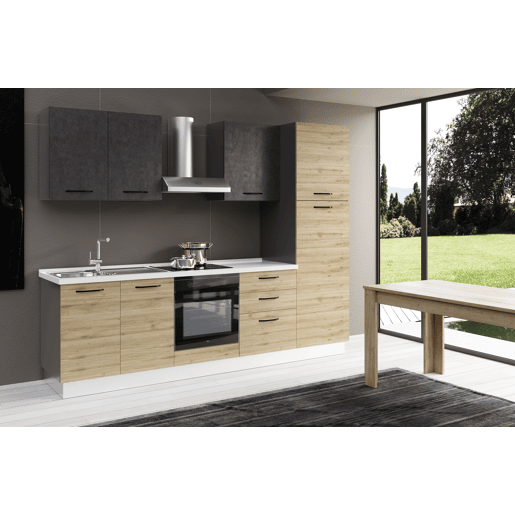 Cozinha com eletrodomésticos GILDA 2.0 270cm esquerda cinza escuro e madeira