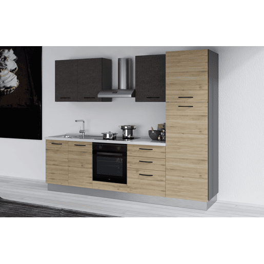 Cozinha com eletrodomésticos GILDA 2.0 270cm esquerda cinza escuro e madeira