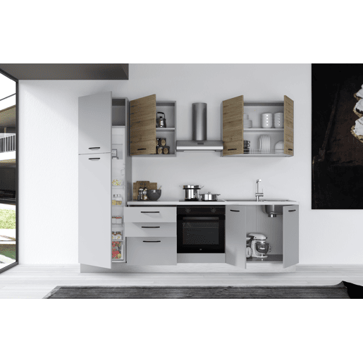 Cozinha com eletrodomésticos GILDA 2.0 270cm direita madeira e cinza claro