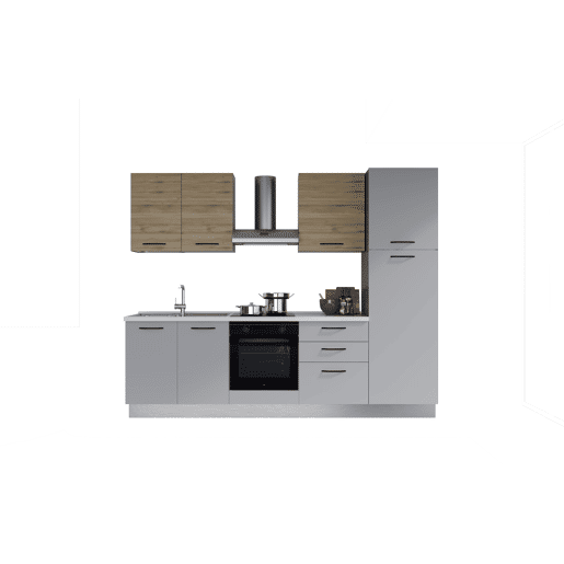 Cozinha com eletrodomésticos GILDA 2.0 270cm esquerda madeira e cinza claro