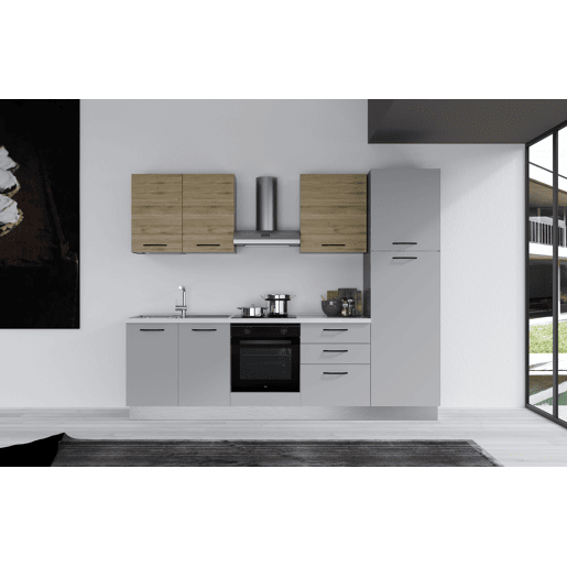 Cozinha com eletrodomésticos GILDA 2.0 270cm esquerda madeira e cinza claro