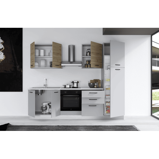 Cozinha com eletrodomésticos GILDA 2.0 270cm esquerda madeira e cinza claro