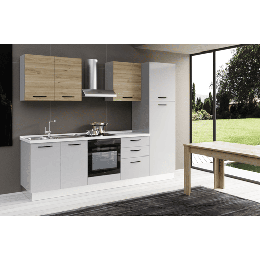 Cozinha com eletrodomésticos GILDA 2.0 270cm esquerda madeira e cinza claro