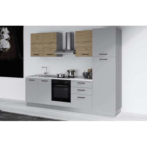 Cozinha com eletrodomésticos GILDA 2.0 270cm esquerda madeira e cinza claro