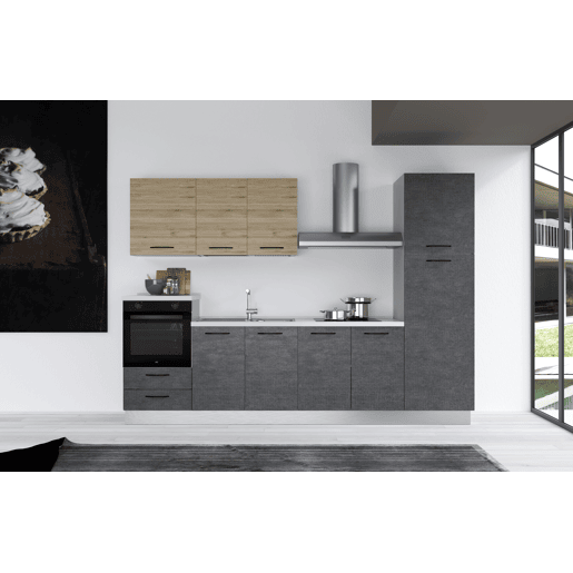 Cozinha com eletrodomésticos GILDA 2.0 300cm esquerda madeira e cinza escuro