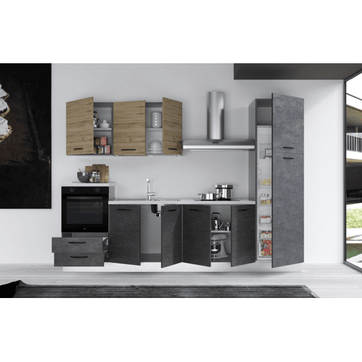 Cozinha com eletrodomésticos GILDA 2.0 300cm esquerda madeira e cinza escuro