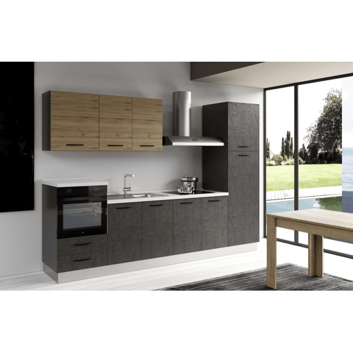 Cozinha com eletrodomésticos GILDA 2.0 300cm esquerda madeira e cinza escuro