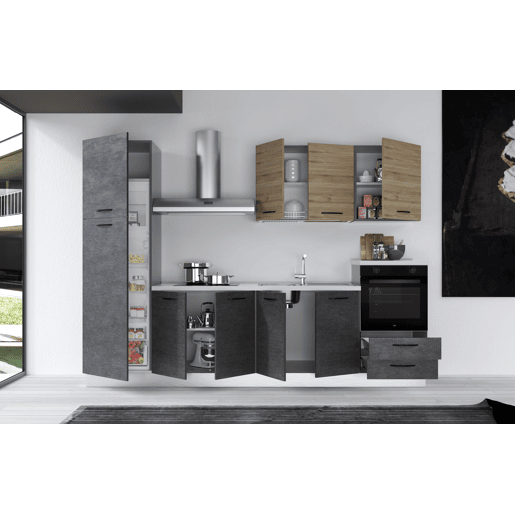 Cozinha com eletrodomésticos GILDA 2.0 300cm direita madeira e cinza escuro