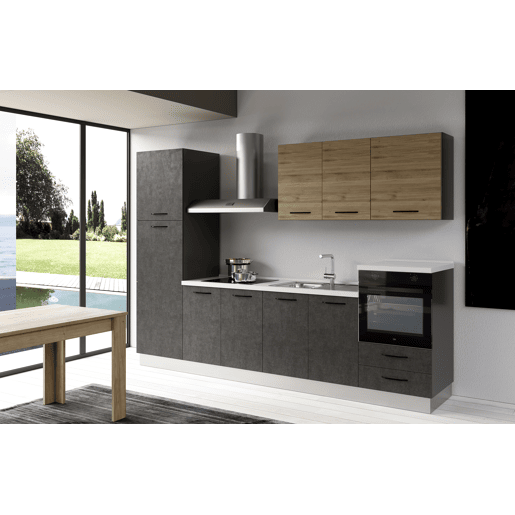 Cozinha com eletrodomésticos GILDA 2.0 300cm direita madeira e cinza escuro