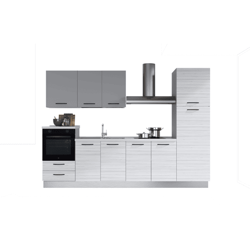 Cozinha com eletrodomésticos GILDA 2.0 300cm esquerda cinza claro e madeira cinza