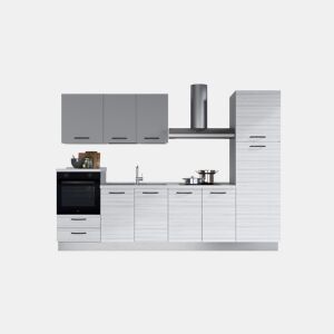 Cozinha com eletrodomésticos GILDA 2.0 300cm esquerda cinza claro e madeira cinza