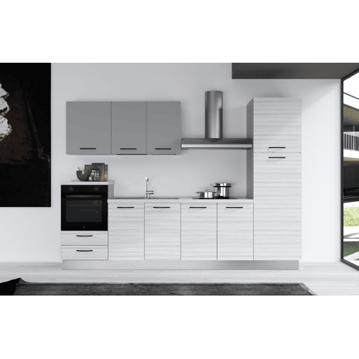 Cozinha com eletrodomésticos GILDA 2.0 300cm esquerda cinza claro e madeira cinza