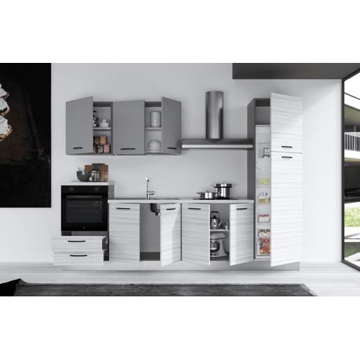 Cozinha com eletrodomésticos GILDA 2.0 300cm esquerda cinza claro e madeira cinza