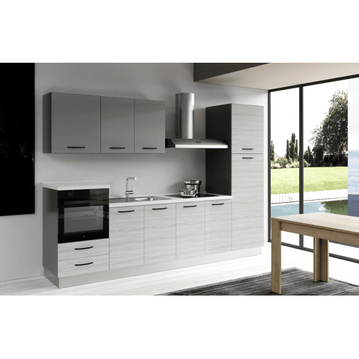 Cozinha com eletrodomésticos GILDA 2.0 300cm esquerda cinza claro e madeira cinza