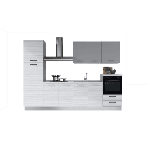 Cozinha com eletrodomésticos GILDA 2.0 300cm direita cinza claro e madeira cinza