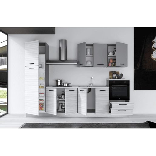 Cozinha com eletrodomésticos GILDA 2.0 300cm direita cinza claro e madeira cinza