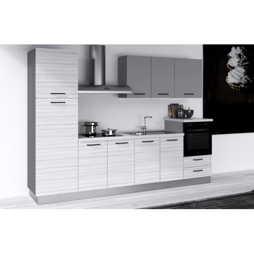 Cozinha com eletrodomésticos GILDA 2.0 300cm direita cinza claro e madeira cinza