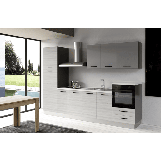 Cozinha com eletrodomésticos GILDA 2.0 300cm direita cinza claro e madeira cinza