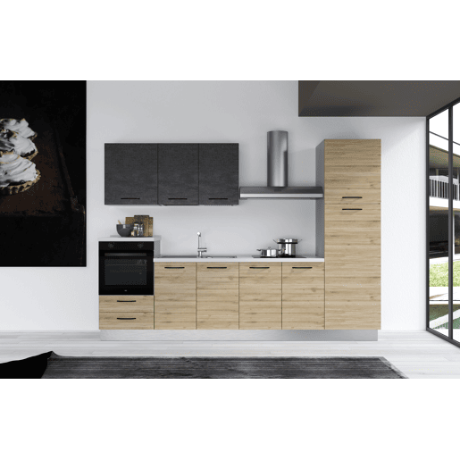 Cozinha com eletrodomésticos GILDA 2.0 300cm esquerda cinza escuro e madeira