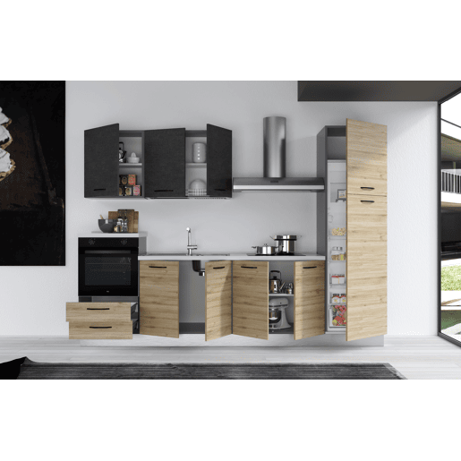 Cozinha com eletrodomésticos GILDA 2.0 300cm esquerda cinza escuro e madeira