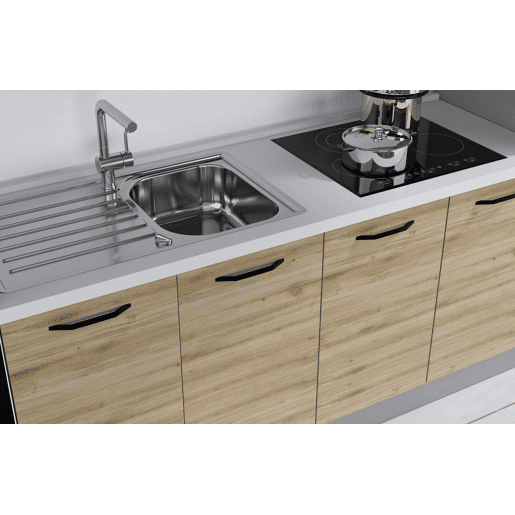 Cozinha com eletrodomésticos GILDA 2.0 300cm esquerda cinza escuro e madeira
