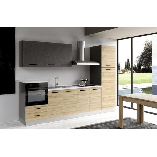 Cozinha com eletrodomésticos GILDA 2.0 300cm esquerda cinza escuro e madeira