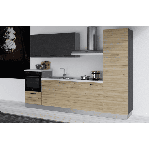 Cozinha com eletrodomésticos GILDA 2.0 300cm esquerda cinza escuro e madeira