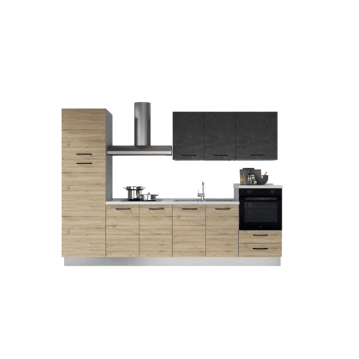 Cozinha com eletrodomésticos GILDA 2.0 300cm direita cinza escuro e madeira