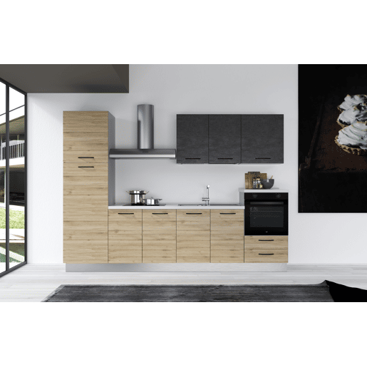 Cozinha com eletrodomésticos GILDA 2.0 300cm direita cinza escuro e madeira
